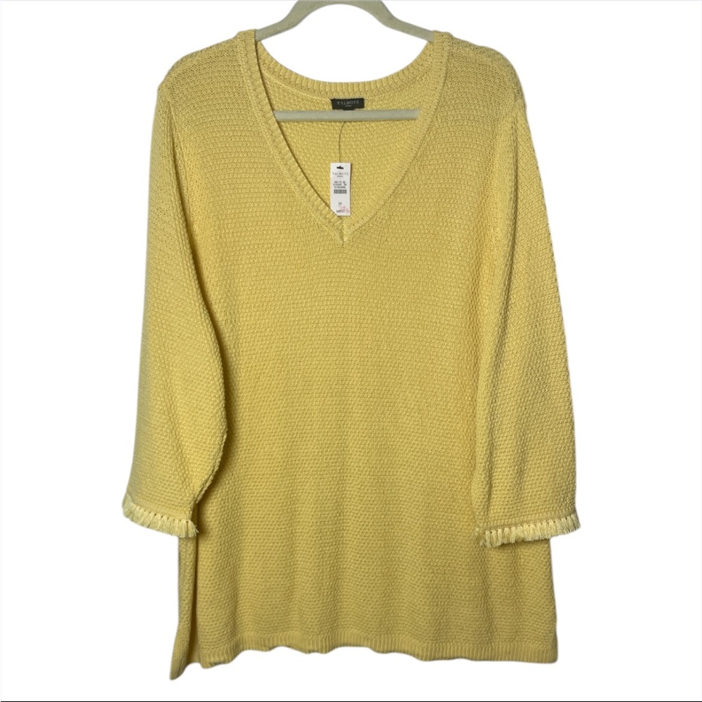 Talbots Plus Size 3X Yellow Open Knit Cotton Sweater V-Neck Fringe Hem NWT